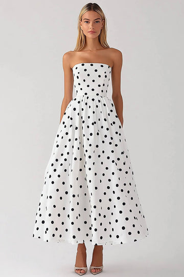 Vit Axelbandslös En linje Svart Polka Dots Klänning